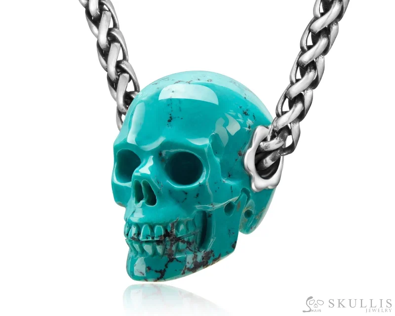 ladies rose gold necklaces circles -Skullis Signature Turquoise Gem Skull Pendant or Necklace, Hand Carved, Sterling Silver 925 Chain, for Women & Men