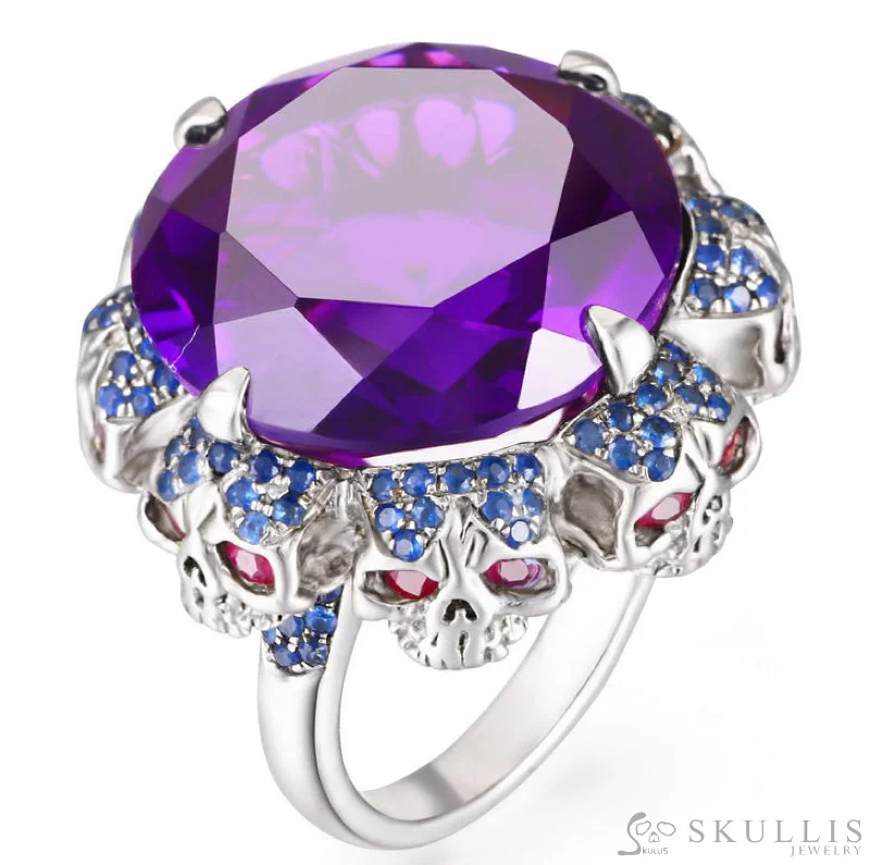 Ladies beast flair rings -Gem Skull Ring of Round Cut Amethyst Carved with Skull Ruby Eyes Skulls in 925 Sterling Silver