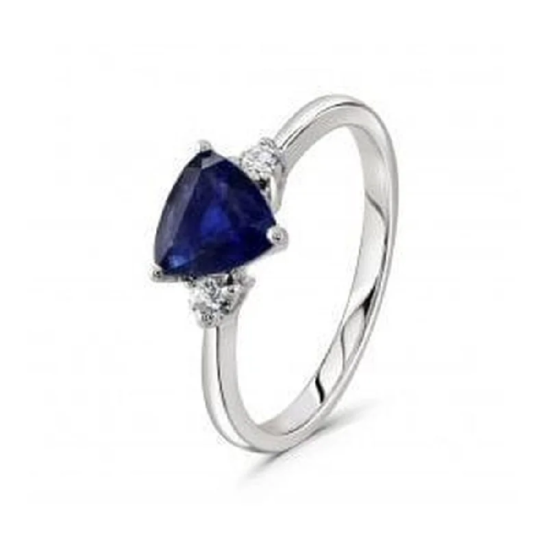 Ladies holiday sparkle rings -18ct White Gold Trilliant Cut Sapphire & Round Brilliant Cut Diamond Trilogy Ring