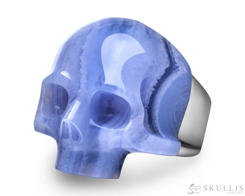 Ladies pine shine rings -Skullis Signature Blue Lace Agate Gem Skull Ring, Hand Carved, Sterling Silver, for Women & Men