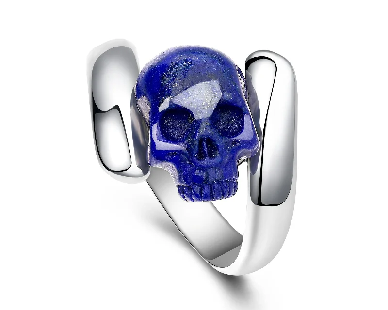 Ladies carved personalized rings -Gem Skull Ring of  Lapis Lazuli Carved Skull in 925 Sterling Silver