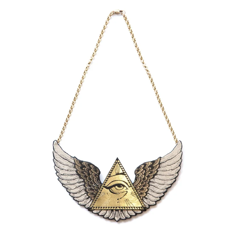 ladies rose gold necklaces triangles -WINGED ALL SEEING EYE PYRAMID . necklace