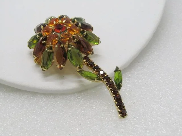 ladies hammered gold brooch -Vintage Rhinestone Domed Flower Stem Brooch, 3", Amber, Green, Gold, 1960's