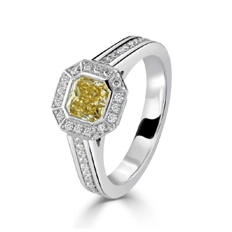 Ladies pixie glow rings -Platinum Asscher Cut Fancy Yellow Diamond & Diamond Halo Cluster Ring with Diamond Shoulders