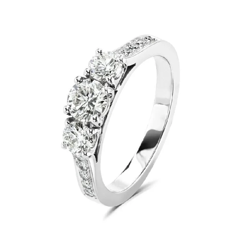 Ladies tailored custom rings -Platinum Round Brilliant Cut Diamond Trilogy Ring with Diamond Shoulders