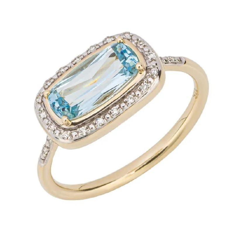 Ladies antique vintage rings -9ct Yellow Gold Rectangular Cut Blue Topaz & Diamond Halo Cluster Ring