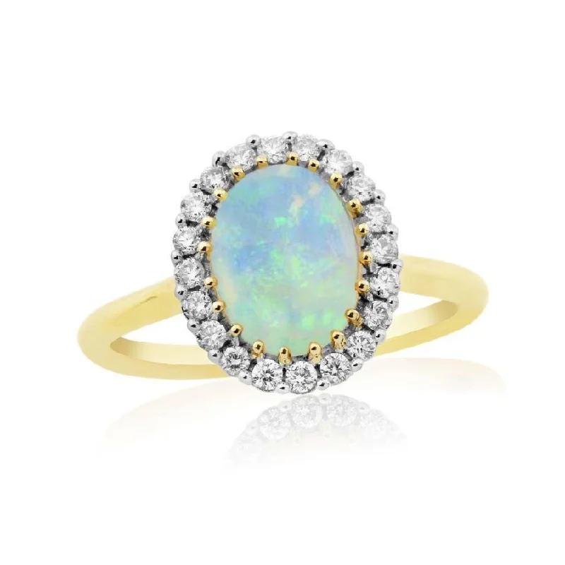 Ladies firm weight rings -9ct Yellow Gold Oval Cut Opal & Diamond Halo Cluster Ring