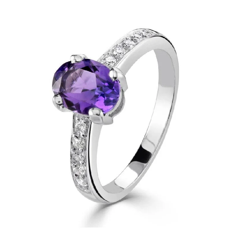 Ladies clan charm rings -18ct White Gold Oval Cut Amethyst Ring with Diamond Set Shoulders