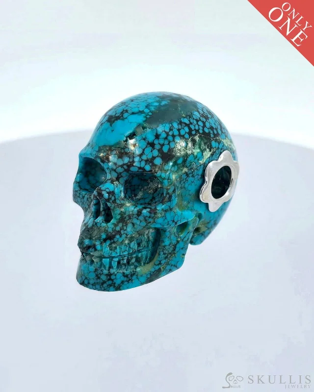 engraved necklaces for women personalized -Skullis Signature Turquoise Gem Skull Pendant or Necklace, Hand Carved, Sterling Silver 925 Chain, for Women & Men - 0506520