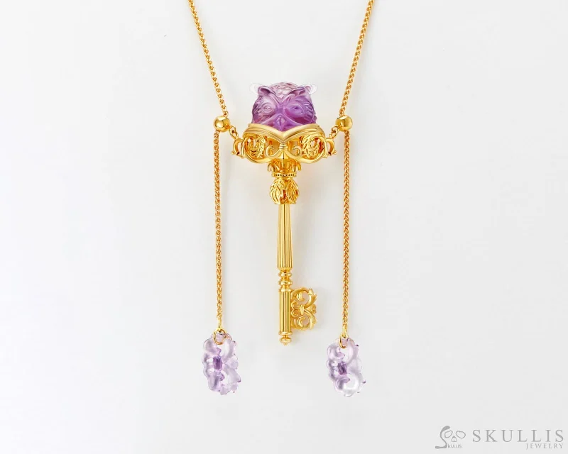 ladies gold necklaces for everyday wear -Gem Owl Pendant Necklace of Amethyst Carved Owl in 18K Gold-Plated 925 Silver