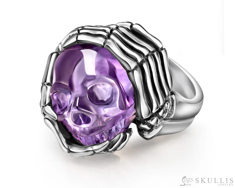 Ladies antique vintage rings -Gem Skull Ring of Amethyst Carved Skull with Skeletal Hands in 925 Sterling Silver