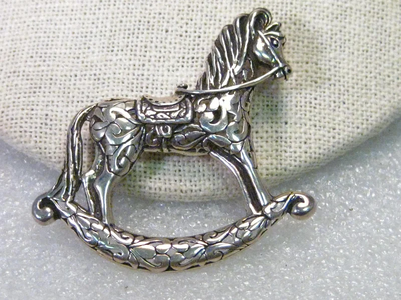 minimalist hoop brooch for women -Vintage Sterling Silver Rocking Horse Brooch, 2" wide, scolled/filigree design, 10.75 grams