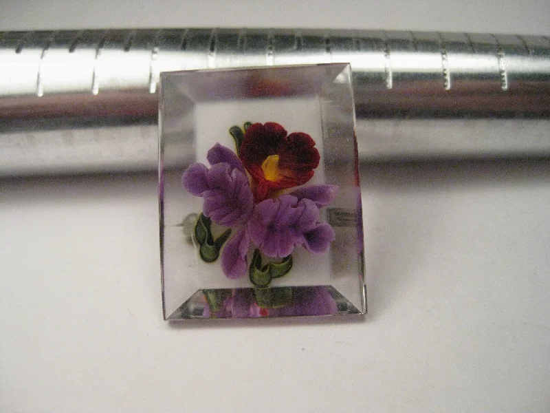 boho chic brooch for women -Vintage Lucite Reverse Carved and Painted Orchid Brooch, Reverse Beveled Rectangular Shape