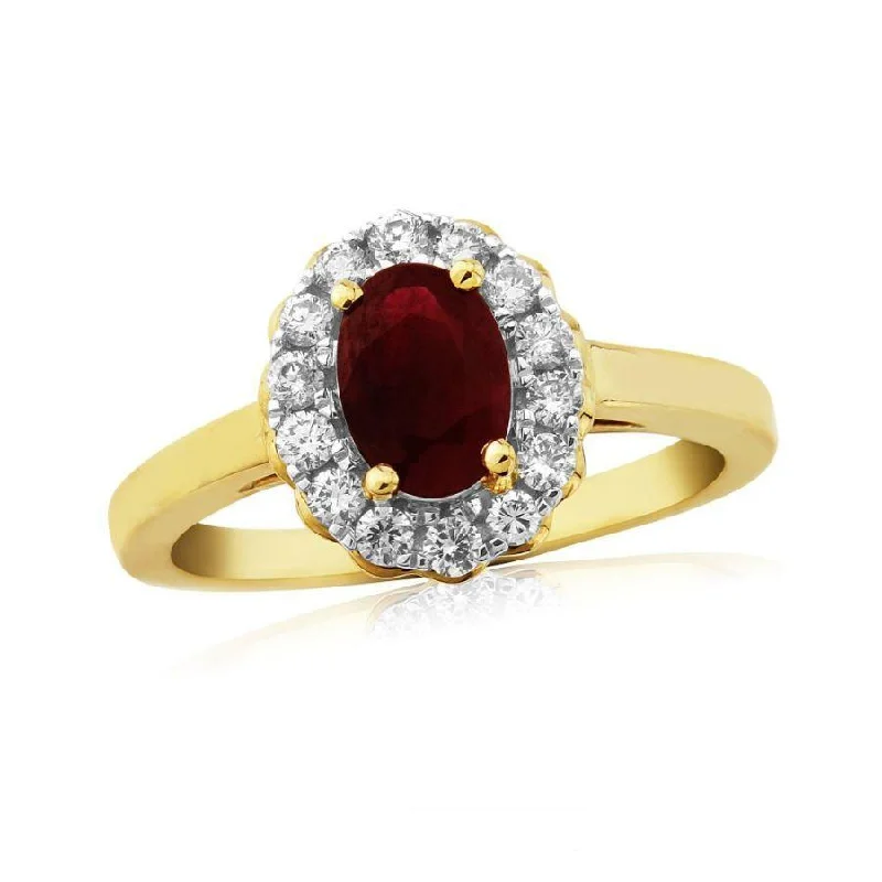 Ladies rising shine rings -9ct Yellow Gold Oval Cut Ruby & Diamond Halo Cluster Ring