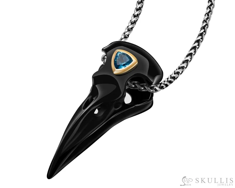 modern choker necklaces for women -Gem Raven Skull Pendant Necklace of Black Obsidian Crystal Raven with Blue Sky Topaz Eye