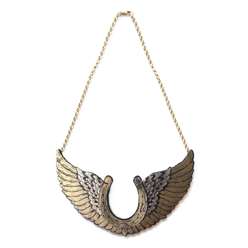 minimalist wave necklaces for women -WINGED HORSESHOE . necklace