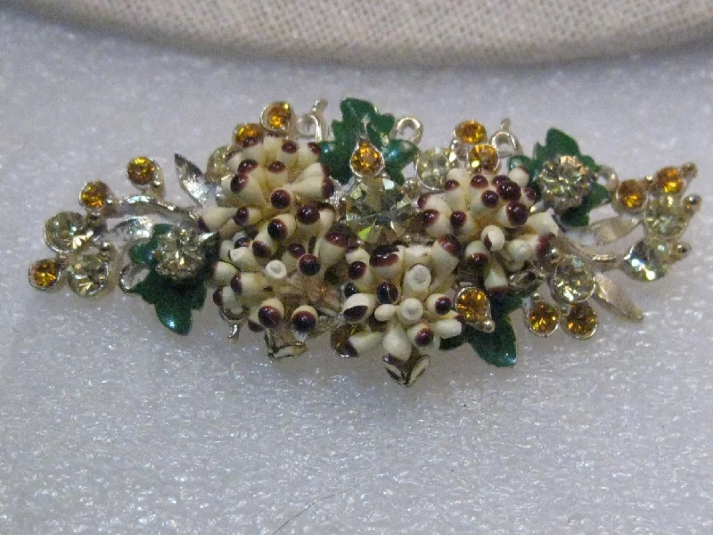 Vintage Florenza Mid-Century Grape Cluster Brooch, Rhinestones, Enameling, RARE 2.75"