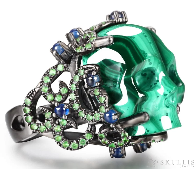 Ladies drive glow rings -Gem Skull Ring of Malachite Crystal Carved Skull with Sapphire & Tsavorite in 925 Sterling Silver, US Size 7