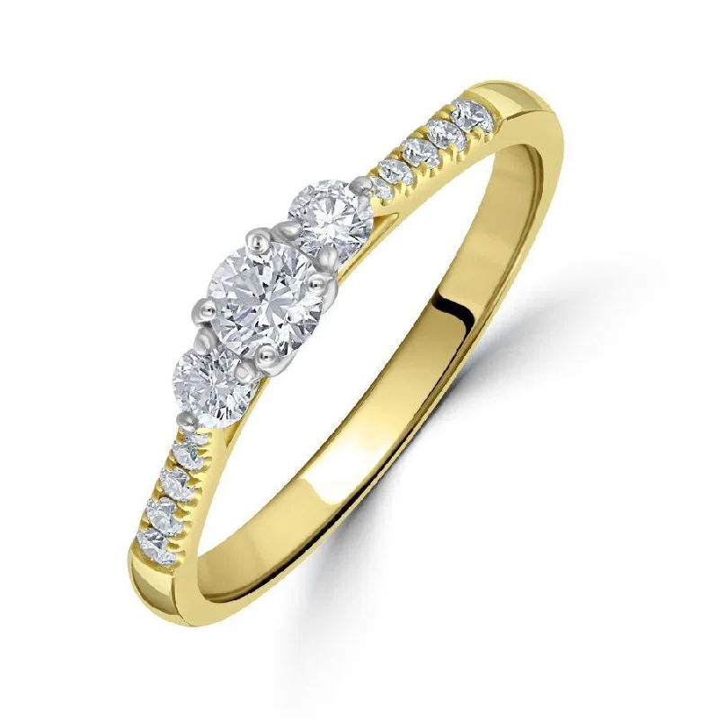 Ladies bold initial rings -18ct Yellow Gold Round Brilliant Cut Diamond Trilogy Ring with Diamond Shoulders