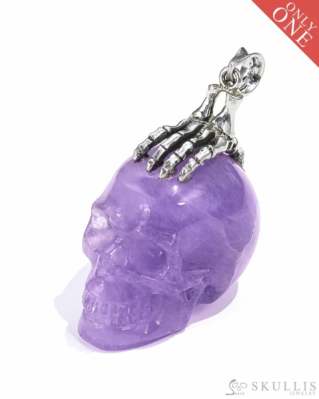 ladies gold necklaces butterfly pendants -Gem Skull Pendant Necklace of Amethyst Carved Skull with Skeleton Hand in 925 Sterling Silver - 9500083