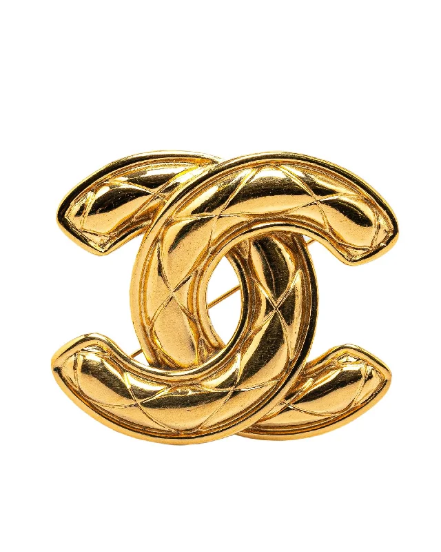 minimalist line brooch for women -Gold Plated Quilted CC Brooch