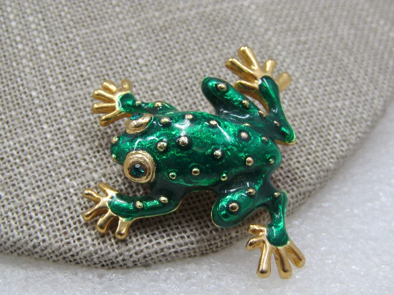 dotted texture brooch for women -Vintage Enameled  Green Frog Brooch, Rhinestone Eyes. 1.25" tall and 1.5"