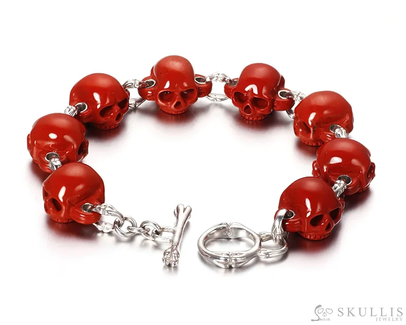 ladies rose gold bracelets leaf design -Gem Skull Bracelet of Red Jasper Carved Skull in 925 Sterling Silver