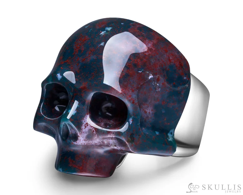 Ladies stellar edge rings -Skullis Signature Bloodstone Gem Skull Ring, Hand Carved, Sterling Silver, for Women & Men