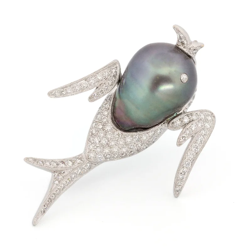 brushed silver brooch for women -Bird Brooch with Tahitian Pearl & Diamonds