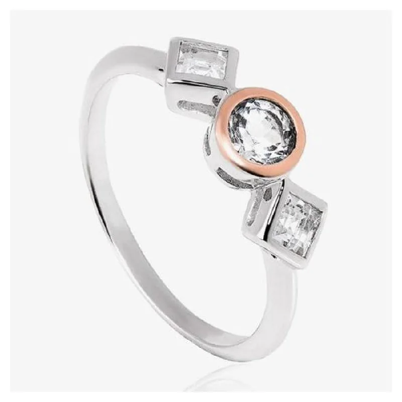 Ladies soft gleam rings -Silver and 9ct Rose Gold Welsh Royal Anniversary White Topaz Set Ring