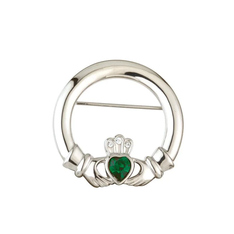 gold sun motif brooch for women -Rhodium Plated Green Crystal Heart Claddagh Brooch