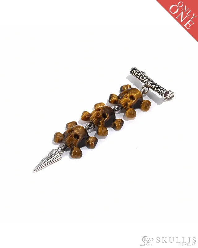 twisted design brooch for women -Gem Skull Brooch of Gold Tiger's Eye Carved Skulls, 925 Sterling Silver - 9800075