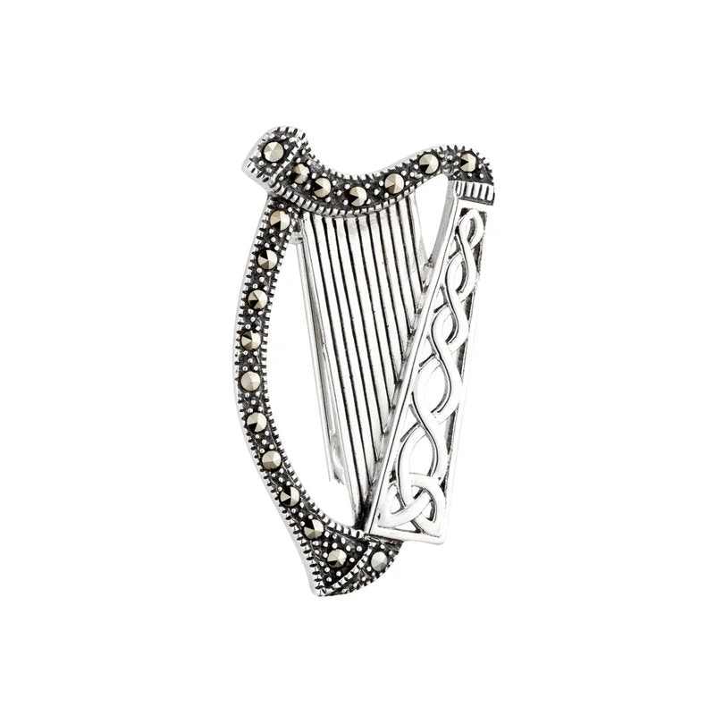 crisscross design brooch for women -Silver Marcasite Harp Brooch