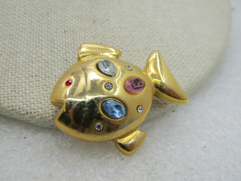 ladies brooch star accents -Vintage Pastel Rhinestone Fish Brooch, Gold Tone, 1-3/8"