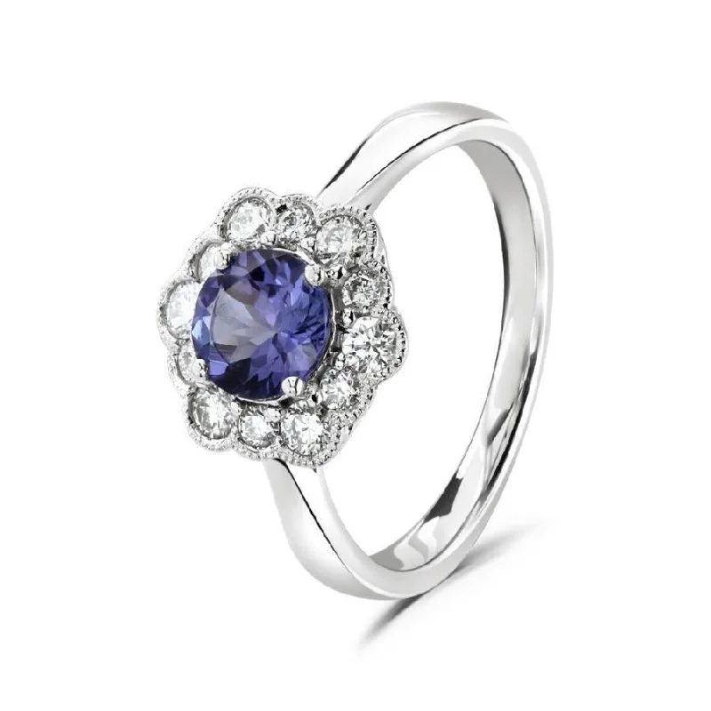 Ladies rugged leather rings -18ct White Gold Round Cut Tanzanite & Diamond Hexagonal Cluster Ring