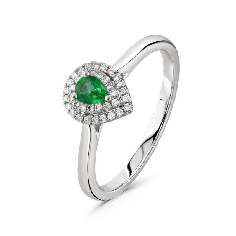 Ladies guide charm rings -Platinum Pear Cut Emerald & Diamond Double Halo Cluster Ring