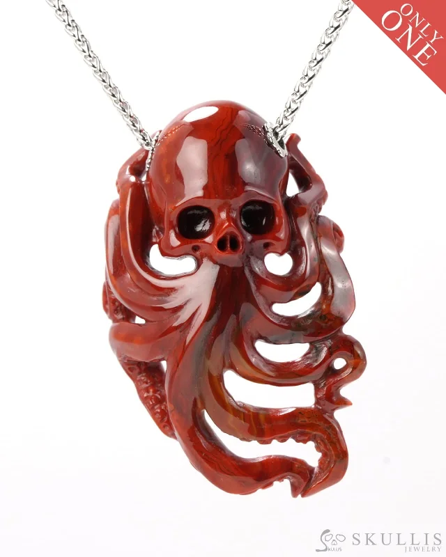 ladies rose gold necklaces star design -Skullis Signature Empire Red Agate Gem Skull with Octopus Tentacles Pendant or Necklace, Hand Carved, Sterling Silver 925 Chain, for Women & Men - 9800128