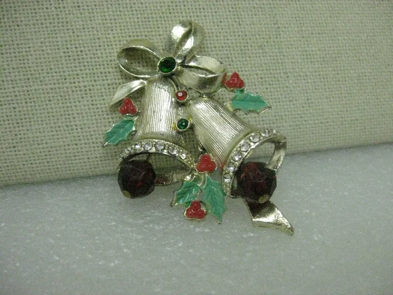 statement brooch for women bold look -Vintage Gold Tone Christmas Bells Brooch, Enamel Accents, 1960's.  2", Rhinestone Accents