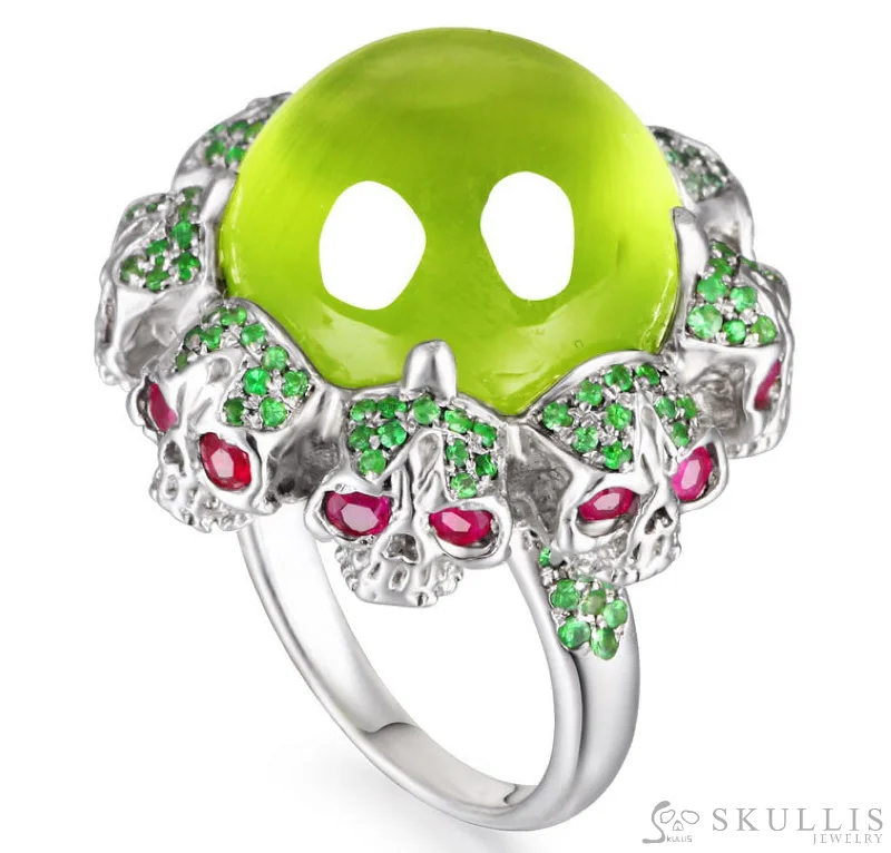 Ladies galaxy glow rings -Gem Skull Ring of Round Cut Lemon Stone & Skulls with Ruby Eyes in 925 Sterling Silver