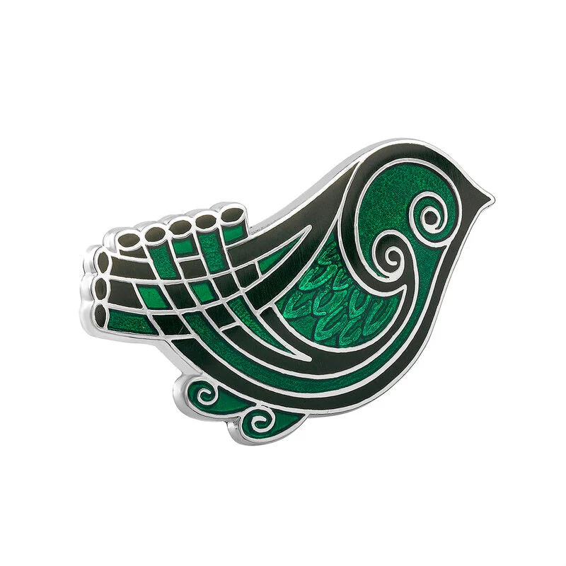 ladies gold brooch tree motifs -Rhodium Green Enamel Bird Brooch