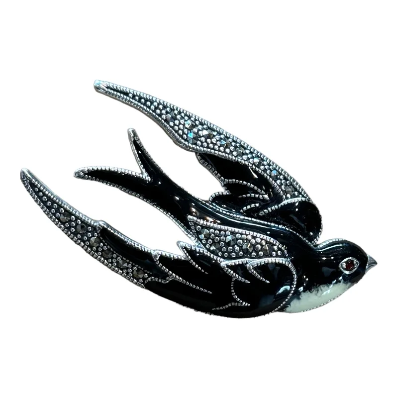 ladies silver brooch rose quartz -Black enamel Bird Brooch silver Marcasite