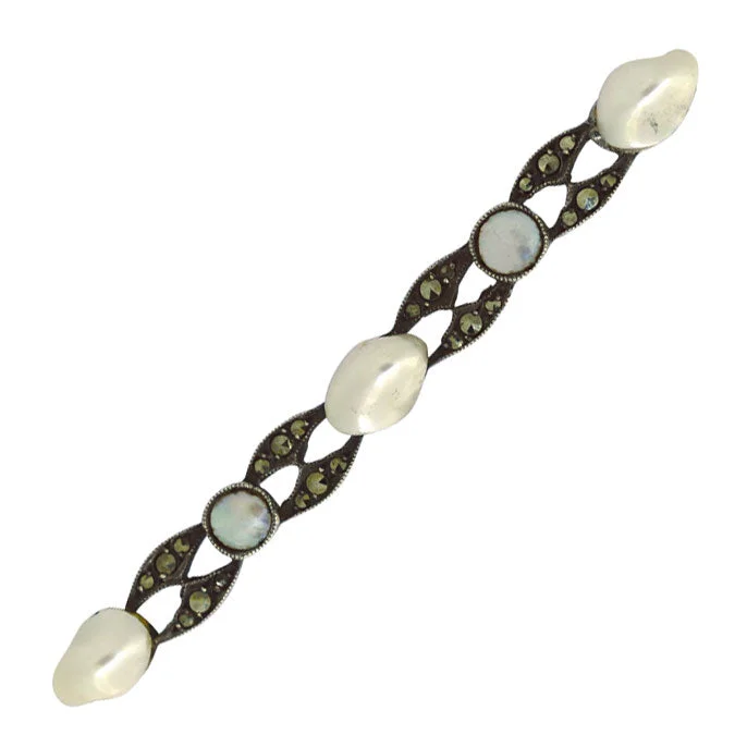 polished finish brooch for women -Marcasite & Mother of Pearl Bar Brooch