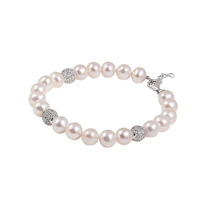 ladies silver bracelets obsidian stones -8.0-8.5mm Cultured Freshwater Pearl & Cubic Zirconia Set Ball Bracelet