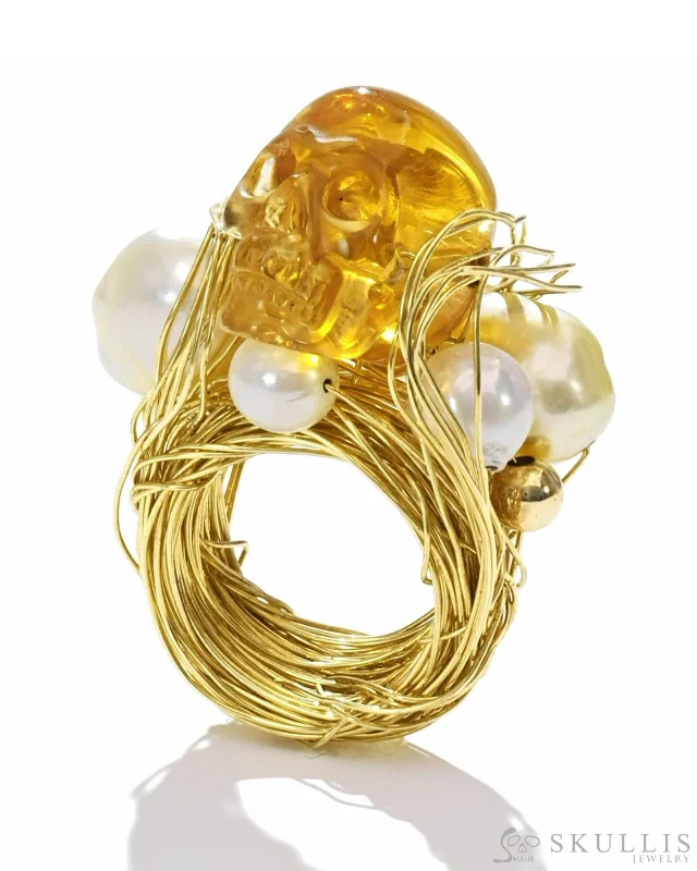 Ladies bold initial rings -Gem Skull Ring of Citrine Carved Skull with Pearl Beads, US Size 7