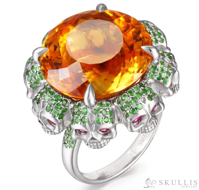 Ladies cure charm rings -Gem Skull Ring of Round Cut Citrine Carved with Skull Ruby Eyes Skulls in 925 Sterling Silver