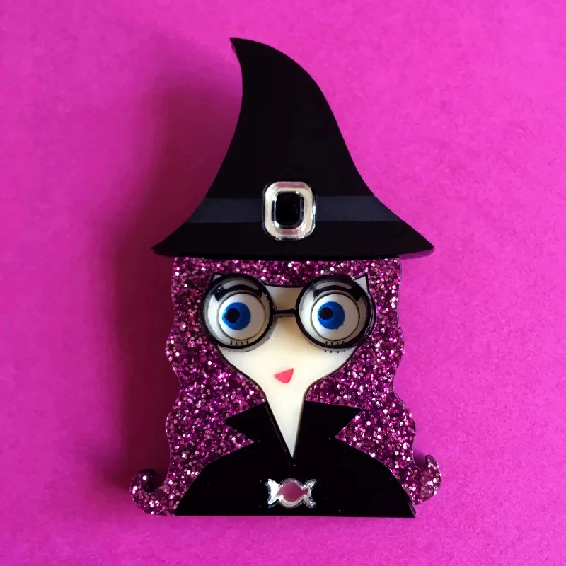 rose gold pearl brooch for women -MOLLY Acrylic Brooch - Halloween Funny Glitter Haired Witch 🕸🕷