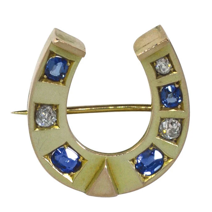 chain fringe brooch for women -Diamond & Sapphire Horse Shoe Brooch