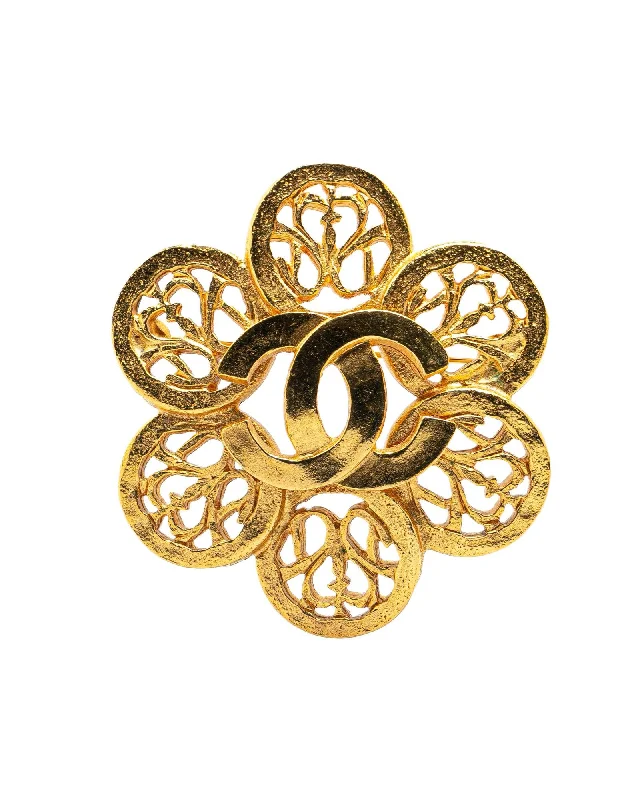 ladies gold brooch celestial motifs -Gold Plated Flower Brooch with Back Pin Closure