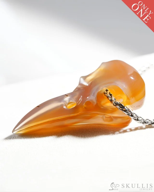 ladies necklaces chevron patterns -Gem Raven Skull Pendant Necklace of Carnelian Carved Raven Skull - 9800113