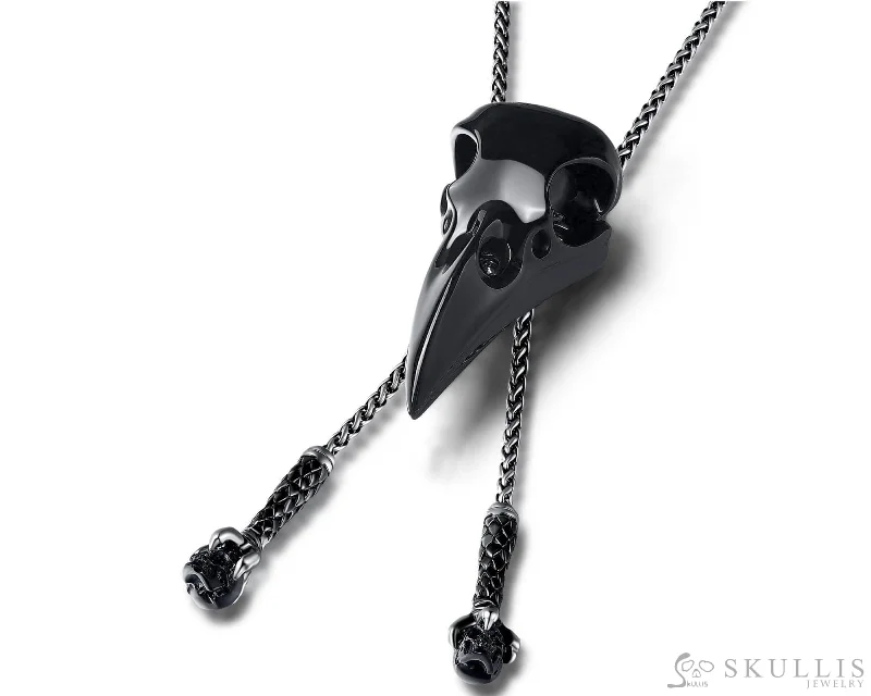 ladies gold necklaces fish pendants -Gem Raven Skull Pendant Necklace of Black Obsidian Carved Raven Skull & Skulls, Silver Skeleton, Adjustable Chain